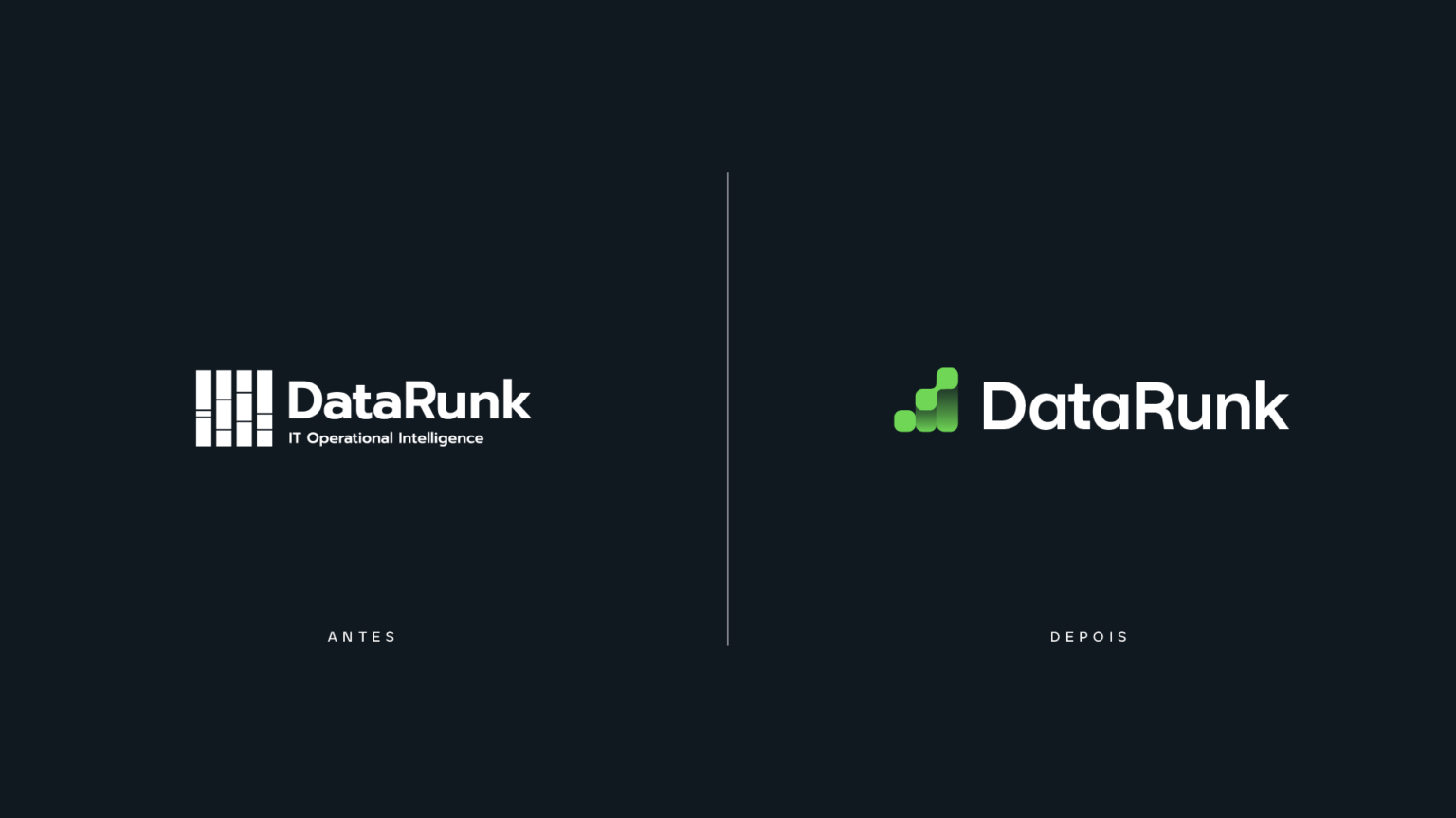 alt="Comparação entre as marcas gráficas da empresa DataRunk. Do lado esquerdo, um logo de uma única cor. Do lado direito, mantemos a ideia de uma ilustração que remete a um gráfico, mas alterando para o verde e com outra forma."